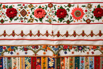 Handcrafted fabric with floral embroidery and decorative motifs