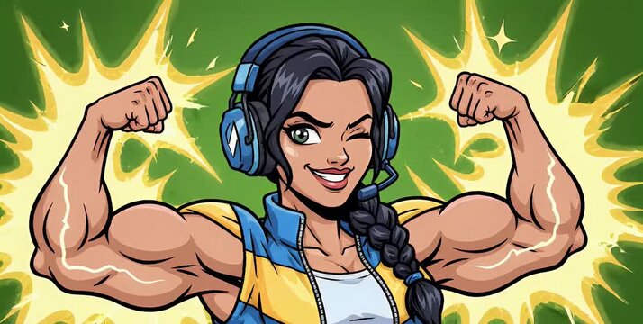 A strong, muscular woman with headphones winks while flexing her powerful biceps in a cartoon style.