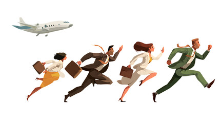 Business people running to catch a plane isolated on transparent background.
