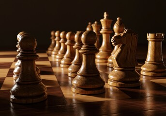 Wooden chess pieces are dramatically lit across a dark checkerboard surface