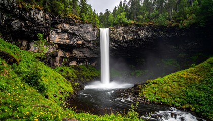 Powerful waterfall cascading down rocky cliffs into a lush green valley