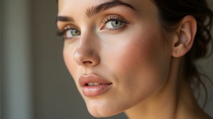 Fototapeta premium Portrait of a young brunette woman model with beautiful smiling face, fashion makeup, and looking eyes