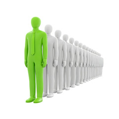Green figure standing out from a line of white figures isolated on transparent background.