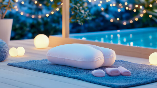 Tranquil evening poolside retreat featuring soft meditation mat, glowing orbs, and string lights, creating serene and peaceful outdoor relaxation ambiance. - Powered by Adobe