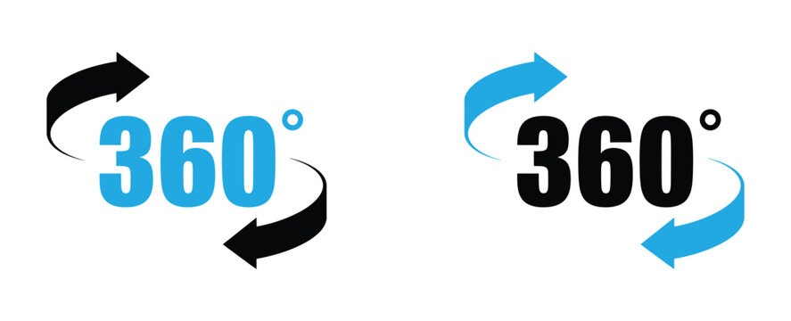 360 degree rotating arrow icon set with panorama, virtual view, and technology concept. Vector illustration with symbols, buttons, and camera elements on transparent background.