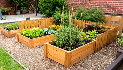Raised garden beds filled with various plants