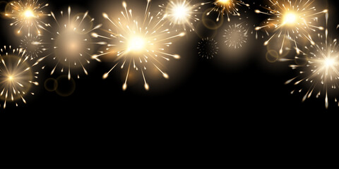 Naklejka premium Glowing Fireworks Explosion banner template on Black Background. Realistic Fireworks bursting with glowing light effects for holiday cards event invitations party flyers and festive web banners.Vector
