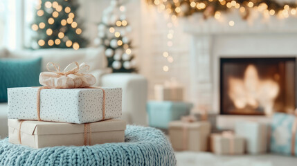 Naklejka premium Elegantly wrapped holiday gifts stacked on knitted pouf, set against blurred background of twinkling Christmas trees, roaring fireplace, and festive lights in warm, inviting living room.
