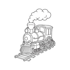 Vintage train line art illustration. Black and white cartoon locomotive on railroad tracks, sketch for coloring book. Hand-drawn steam engine vector.  © Journey