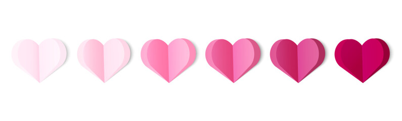 Set of 3D paper style hearts in pink gradient from light to dark used for love rating UI infographics valentine cards romantic packaging, modern graphic design. Layered 3D Hearts Vector illustration