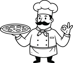 Cartoon Italian chef holding pizza and showing okay hand gesture, black and white cooking vector illustration, restaurant mascot design art