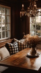 Cozy and inviting dining space featuring a wooden table adorned with a jug of dried flowers, plaid cushions, and elegant chandeliers, perfect for peaceful gatherings and aesthetic photography.