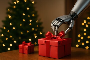 Robotic hand placing gifts under Christmas tree symbolizing automation in retail smart logistics and future of festive commerce