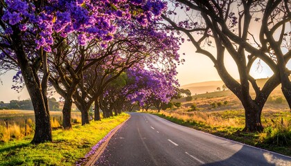 Road lined with purple trees at sunrise