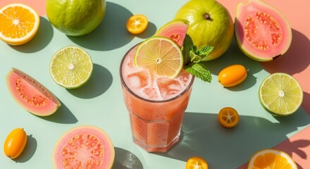 Vibrant Guava Cocktail Refreshing Drink Accompanied By Fresh Fruits Of Many Kinds