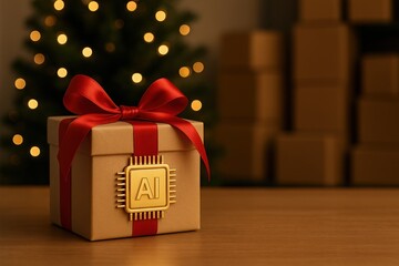 Christmas gift box with golden AI microchip and red ribbon set on table festive warehouse background with glowing tree symbolizing smart holiday logistics and personalization space for text