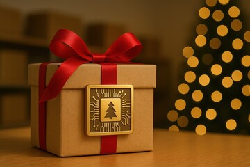 Golden microchip with Christmas tree symbol on cardboard gift box red ribbon festive tech background glowing lights smart holiday concept clean composition space for text