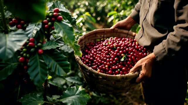 A closeup of a persons hands holding a basket of freshly picked red cherries. The person is wearing a gray shirt and is surrounded by lush green foliage. The cherries are a vibrant red.