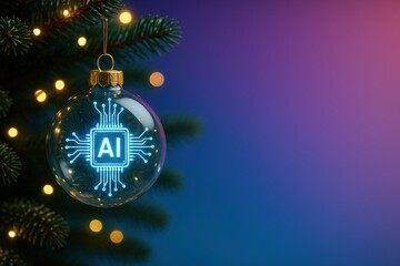 Glass Christmas ornament with glowing AI microchip inside hanging on festive tree, vibrant winter gradient background with space for text, modern tech holiday concept