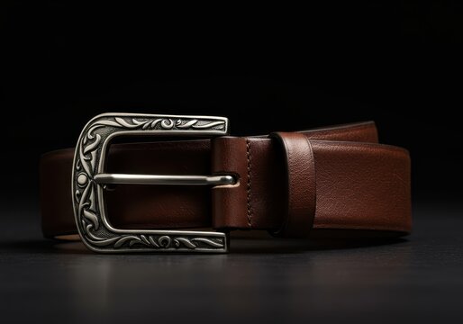 Rich brown leather accessory features an ornate metal fastening against a dark backdrop.