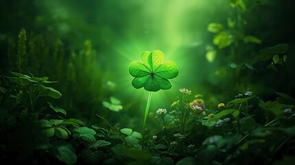 Four leaf clover illuminated by sunlight symbolizing luck, hope, and prosperity in lush green nature background