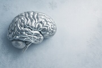 Platinum 3D brain with neural circuit pattern on icy background winter concept of artificial intelligence and digital innovation clean minimal composition with space for text