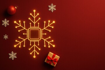 Microchip integrated into snowflake with gifts symbolizing festive technology smart systems and innovation in holiday commerce