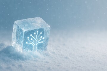 Glowing circuit cube resting on snow futuristic winter tech concept of structured artificial intelligence with icy texture soft lighting and clean space for text