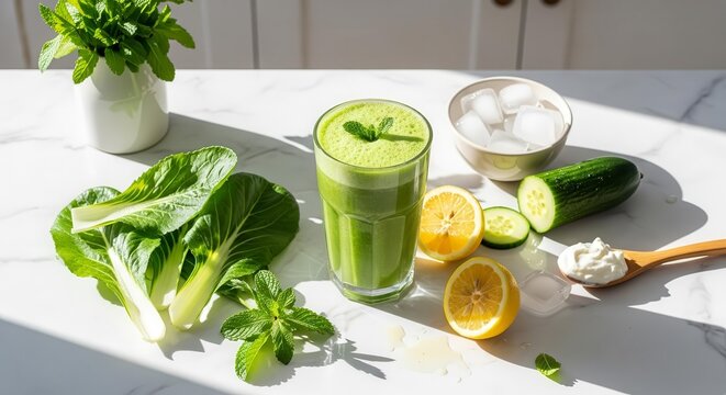 Vibrant Green Smoothie and Fresh Ingredients Displayed on a Marble Surface - Powered by Adobe