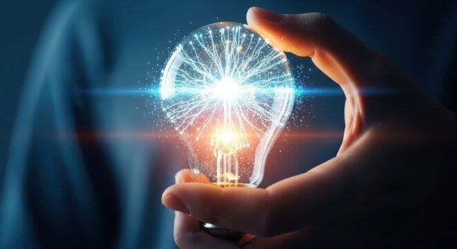 Creative Idea and Digital Power: Hand Holding Light Bulb with Glowing Plasma Filaments for Innovation and Technology Energy