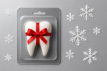 Tooth in retail blister with red ribbon symbolizing dental care gifting holiday wellness and modern packaging design