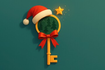 Golden key with Christmas wreath and star on dark green background symbolizing unlocking opportunities hope and festive success in business