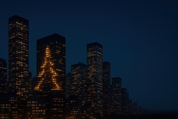 City skyline at night with windows forming Christmas tree shapes symbolizing festive spirit innovation and emotional branding in urban campaigns