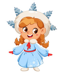 Merry Christmas. A smiling girl in a snowflake costume