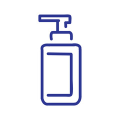 A simple blue line icon of a rectangular pump bottle for dispensing liquid soap or lotion.