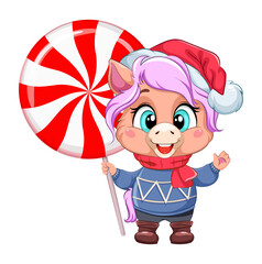 A cute cartoon horse character in a blue sweater holds a huge lollipop