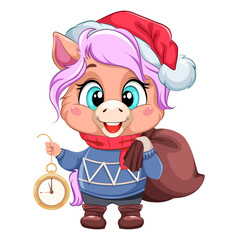 A cute cartoon horse character in a blue sweater holds a clock and a huge bag of Christmas gifts
