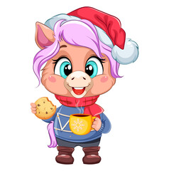 Cute cartoon horse character in a blue sweater with a mug of hot cocoa and cookies