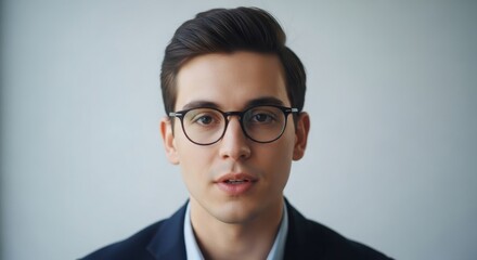 Young professional wearing glasses in a blue suit and white shirt posing for a portrait