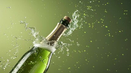 An open bottle of champagne on a green background. the splashes of the drink fly apart. The concept of celebration and fun.
