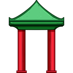 Traditional Asian Pagoda Gate Entrance With Green Roof And Red Pillars On A White Background Simple Stylized Illustration