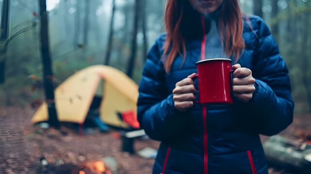 woman in blue jacket holding red mug with steam rising from it in forest setting.