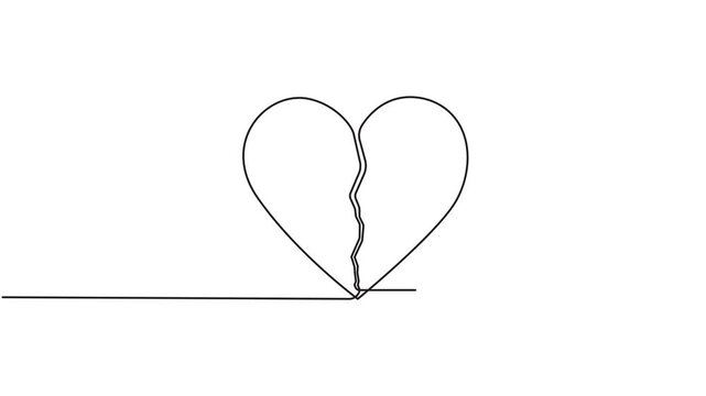 Continuous one line drawing broken heart, single line vector art 4k animation video.