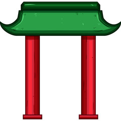 Traditional Asian Pagoda Gate With Red Pillars And Green Roof Isolated On White Background