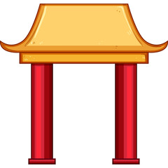 Traditional Asian Pagoda Gate With Red Pillars And Yellow Roof On White Background