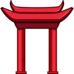 Traditional Red Torii Gate With Pagoda Style Roof And Tall Pillars In Pixel Art Style On Transparent Background