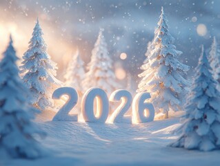 Snowy winter landscape with the year 2026 in snow