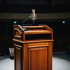 Wooden podium with microphone on stage in an auditorium.
