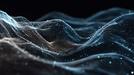 Abstract digital mesh waves flow. The ethereal depiction captures the essence of data streams, creating an immersive experience