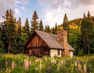Rustic cabin nestled in a vibrant flower field